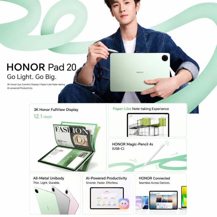 Honor Pad 20 Soft Light Edition WiFi Tablet PC, 12.1 inch 8GB+256GB MagicOS 10 Qualcomm Snapdragon 7 Gen3 Octa Core, US Plug (Grey) - Image 6