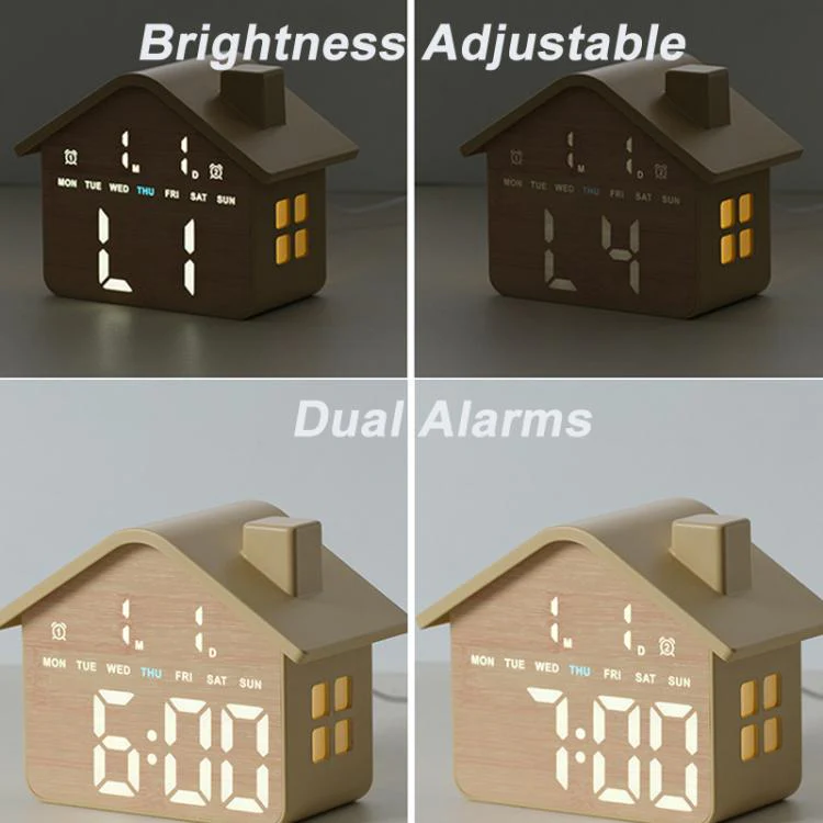 House-Shaped Digital Alarm Clock with Night Light Dual Alarms & Timer Function, 3-Level Brightness(Yellow) - Image 4