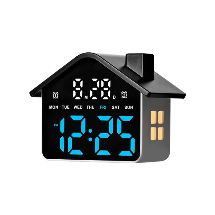 House-Shaped Digital Alarm Clock with Night Light Dual Alarms & Timer Function, 4-Level Brightness(GH9033 Black+Blue Light)