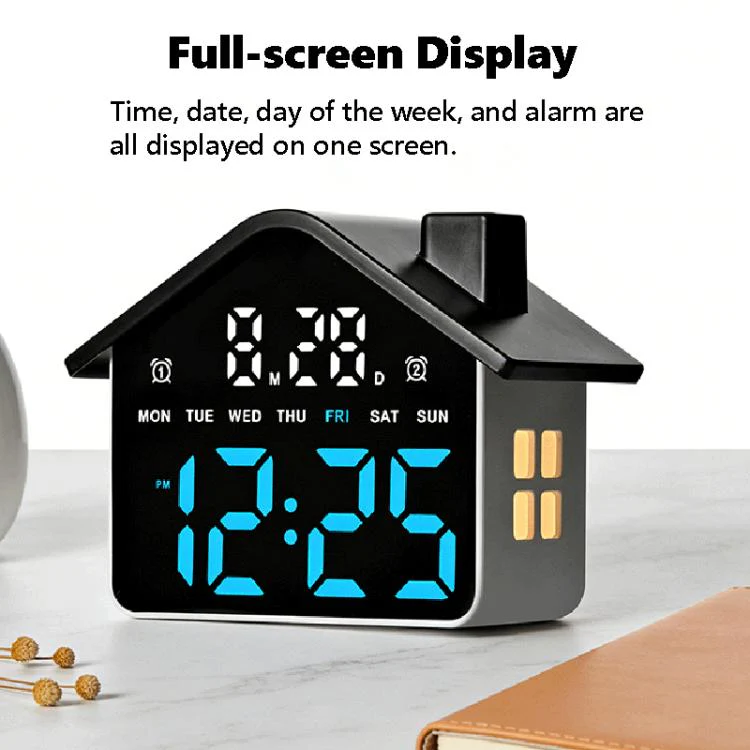 House-Shaped Digital Alarm Clock with Night Light Dual Alarms & Timer Function, 4-Level Brightness(GH9033 Black+Red Light) - Image 3
