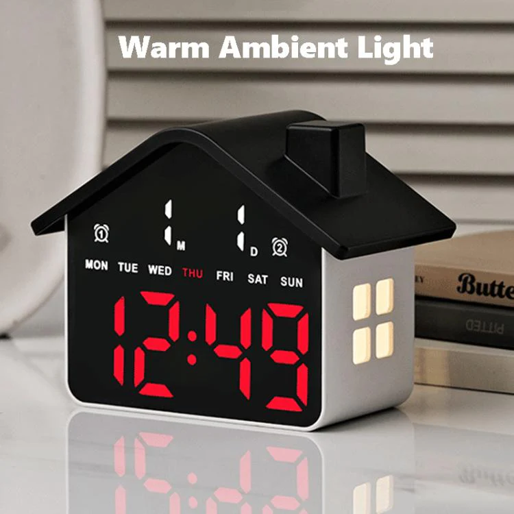 House-Shaped Digital Alarm Clock with Night Light Dual Alarms & Timer Function, 4-Level Brightness(GH9033 Black+Red Light) - Image 4