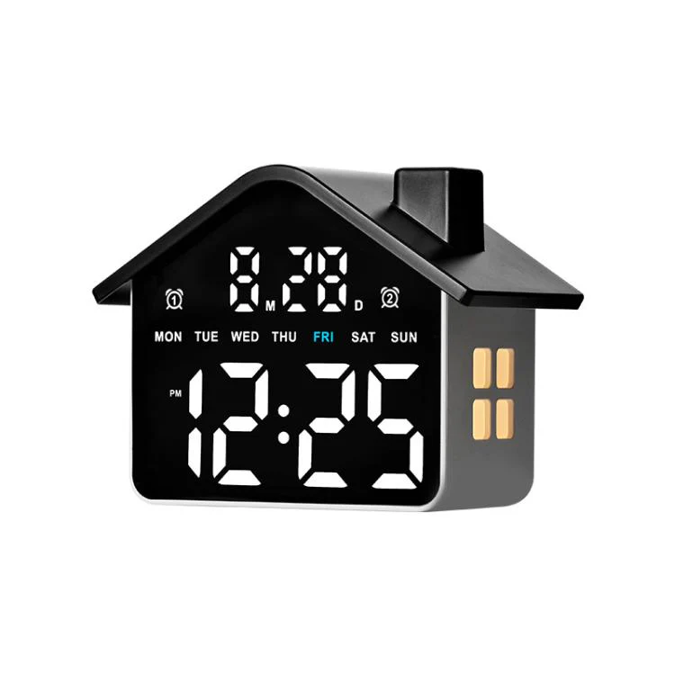 House-Shaped Digital Alarm Clock with Night Light Dual Alarms & Timer Function, 4-Level Brightness(GH9033 Black+White Light)
