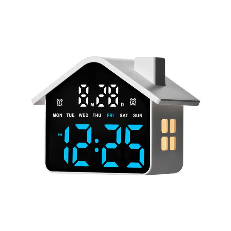 House-Shaped Digital Alarm Clock with Night Light Dual Alarms & Timer Function, 4-Level Brightness(GH9033 White+Blue Light)