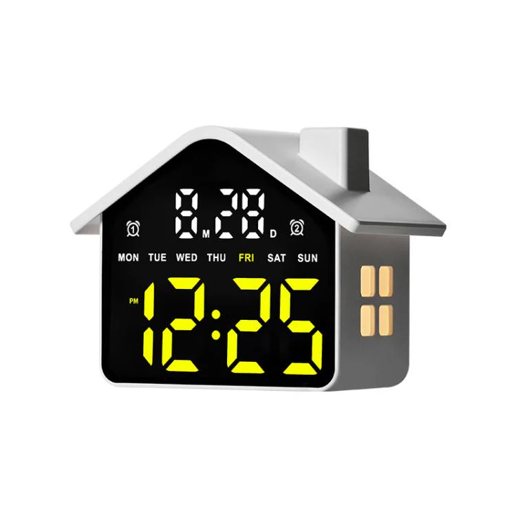 House-Shaped Digital Alarm Clock with Night Light Dual Alarms & Timer Function, 4-Level Brightness(GH9033 White+Yellow Light)