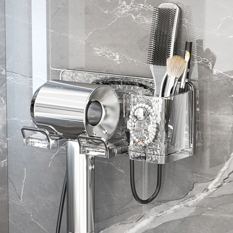 Household Hair Dryer Shelf Bathroom No Punching Wall Mounted Storage Rack(Milky White Silver) - Image 2