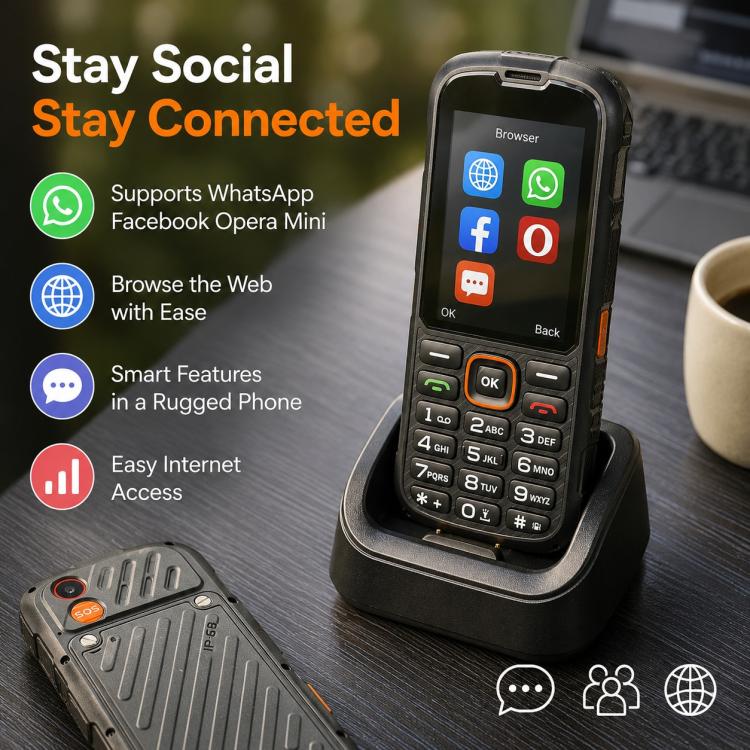 HP290Z 4G IP68 Rugged Phone, 2.8 inch, 3000mAh Battery, Network: 4G, BT, FM, SOS, Torch, With Charging Dock, Plug:US Plug(Black) - Image 12