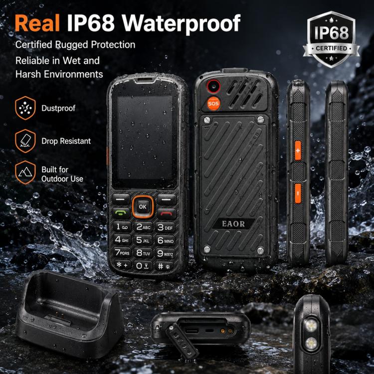 HP290Z 4G IP68 Rugged Phone, 2.8 inch, 3000mAh Battery, Network: 4G, BT, FM, SOS, Torch, With Charging Dock, Plug:US Plug(Black) - Image 4