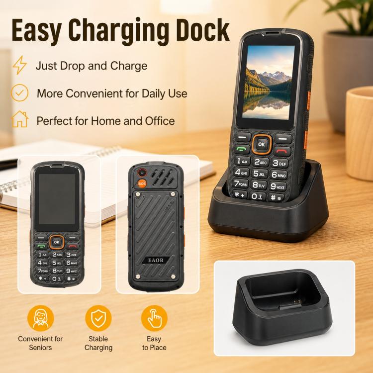 HP290Z 4G IP68 Rugged Phone, 2.8 inch, 3000mAh Battery, Network: 4G, BT, FM, SOS, Torch, With Charging Dock, Plug:US Plug(Black) - Image 6