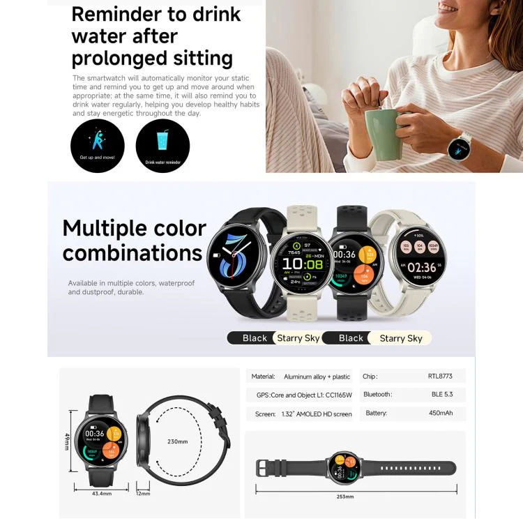 HT43 1.32 inch GPS Ultra-thin Sports Smart Watch Supports Bluetooth Call / Heart Rate / Sleep Monitoring(Champagne Gold) - Image 9