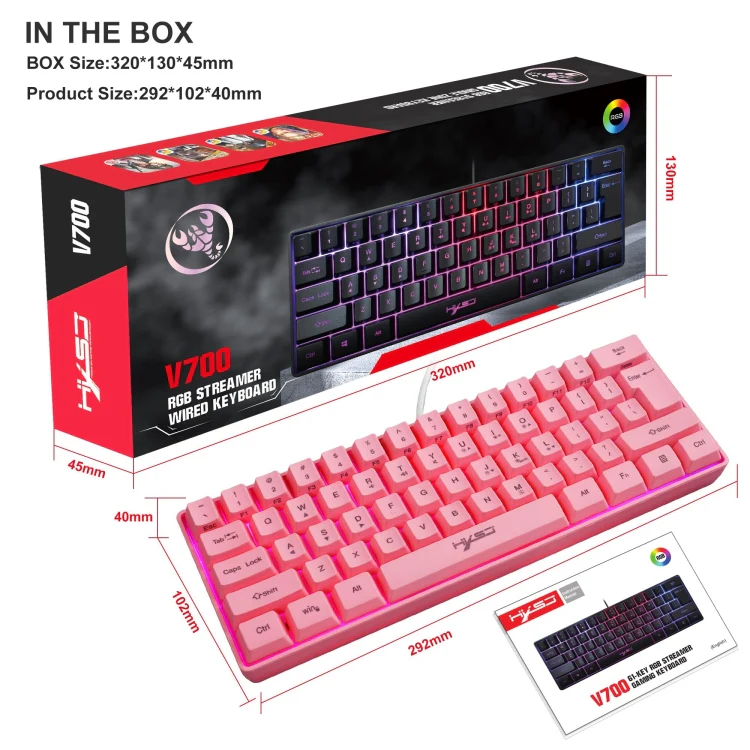 HXSJ V700 61 Keys RGB Lighting Gaming Wired Keyboard (Pink) - Image 4