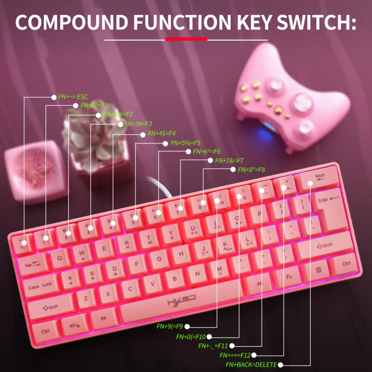 HXSJ V700 61 Keys RGB Lighting Gaming Wired Keyboard (Pink) - Image 9