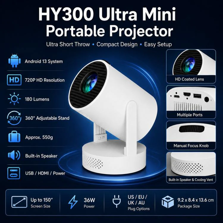 HY300 Ultra Mini Portable Short-Throw Home Projector Android 13 HD Projector UK Plug(White) - Image 4