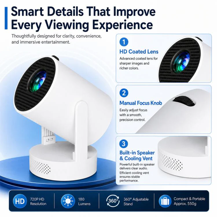 HY300 Ultra Mini Portable Short-Throw Home Projector Android 13 HD Projector UK Plug(White) - Image 8