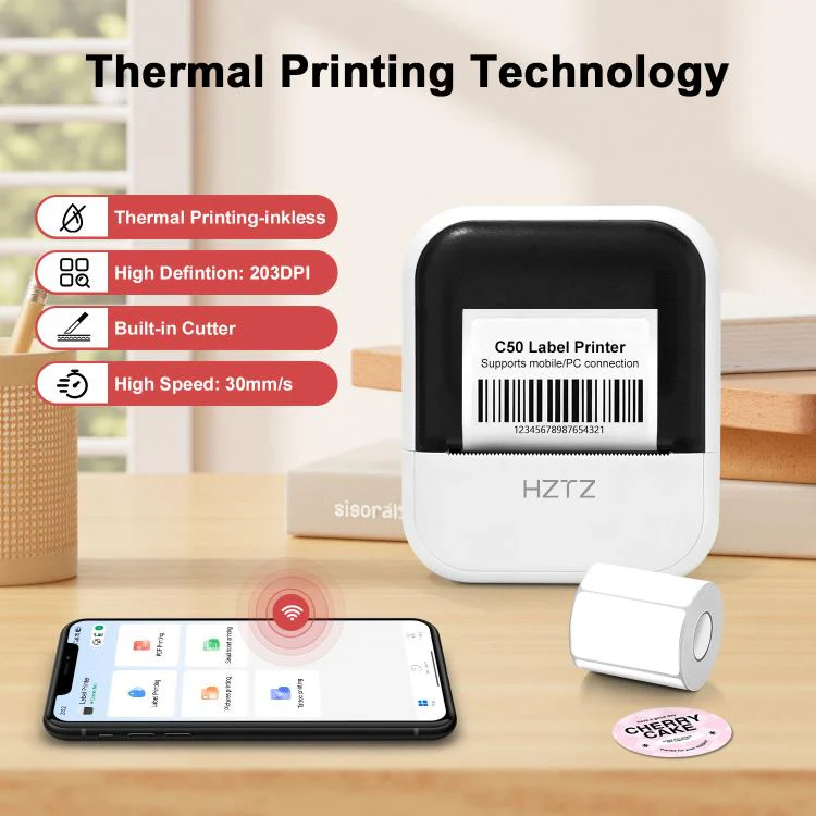 HZTZ C50 Portable Label Printer & Mini Tattoo Stencil Machine 2 Inch Inkless Thermal Label Maker(White) - Image 2