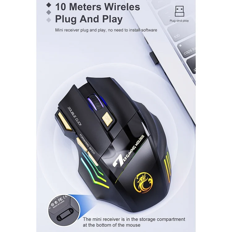 iMICE GW-X7 2.4G + Bluetooth Dual Mode 7-button Silent Rechargeable Wireless Gaming Mouse with Colorful RGB Lights(Black) - Image 9