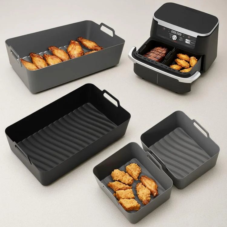 Integrated Model Silicone Air Fryer Liners for Ninja Foodi Dual AF500 / DZ071 Reusable Rectangular Baking Tray with Handles(Black) - Image 2