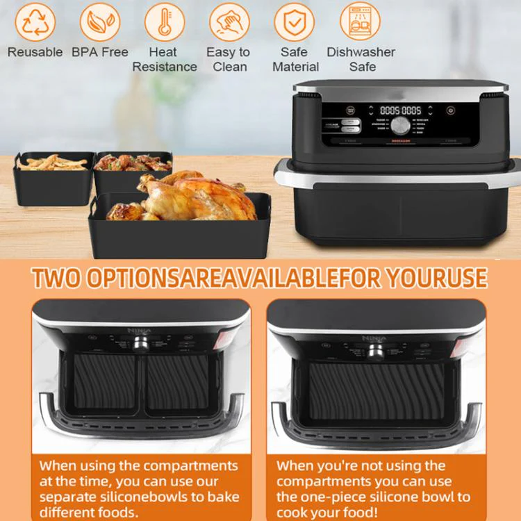 Integrated Model Silicone Air Fryer Liners for Ninja Foodi Dual AF500 / DZ071 Reusable Rectangular Baking Tray with Handles(Gray) - Image 3