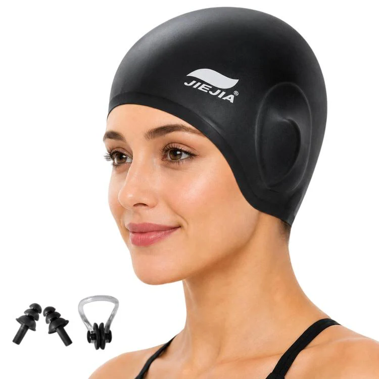 JIEJIA Swimming Silicone Ear-Protecting Swimming Cap With Earplugs And Nose Clip(Black)