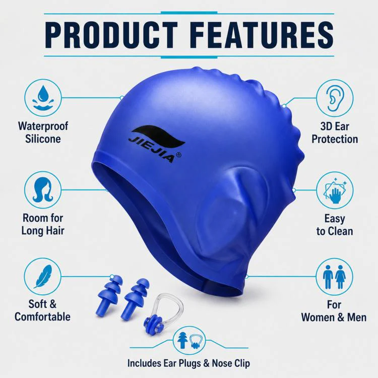 JIEJIA Swimming Silicone Ear-Protecting Swimming Cap With Earplugs And Nose Clip(Blue) - Image 4