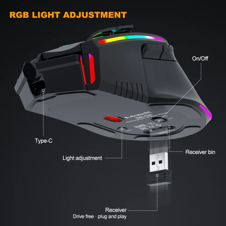 K-Snake BM520 9-button 3200DPI 2.4G RGB Wireless Dual-mode Gaming Mouse(White) - Image 5