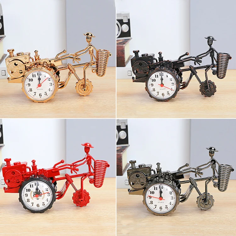 K0931 Retro Clock Ornaments Office Desk Pen Tube Tractor Model Children Toy Alarm(Golden) - Image 2