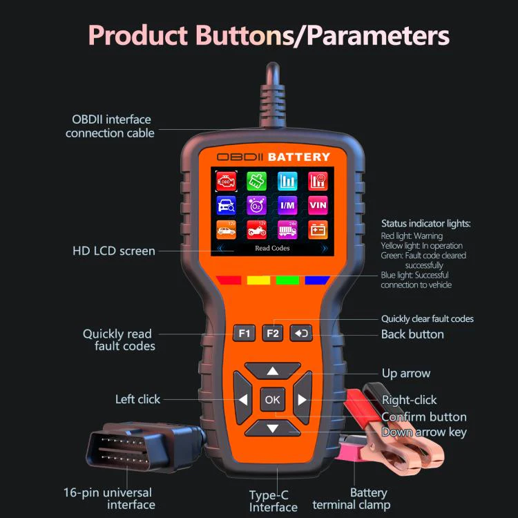 K2 Pro 2 in 1 Car OBDII Diagnostic Tool Battery Tester(Black Orange) - Image 10