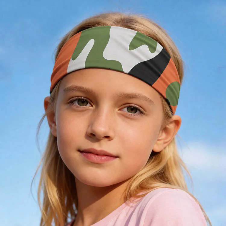 Kids Sweat-Wicking Quick-Dry Headband Milk Silk Widened Sports Running Hair Band(Camouflage Orange Yellow)