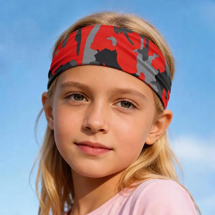 Kids Sweat-Wicking Quick-Dry Headband Milk Silk Widened Sports Running Hair Band(Camouflage Red)