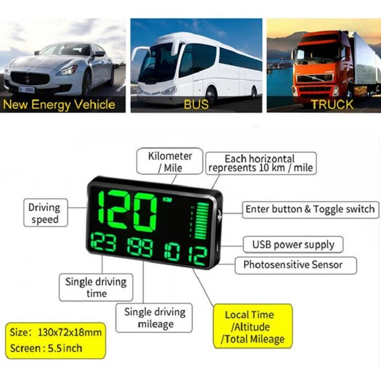 Kingneed C90 5.5inch HUD Car Head-up Display GPS Car Universal Mileage Speed Meter Speeding Alarm / GPS Satellite Speed Measurement(Black) - Image 3
