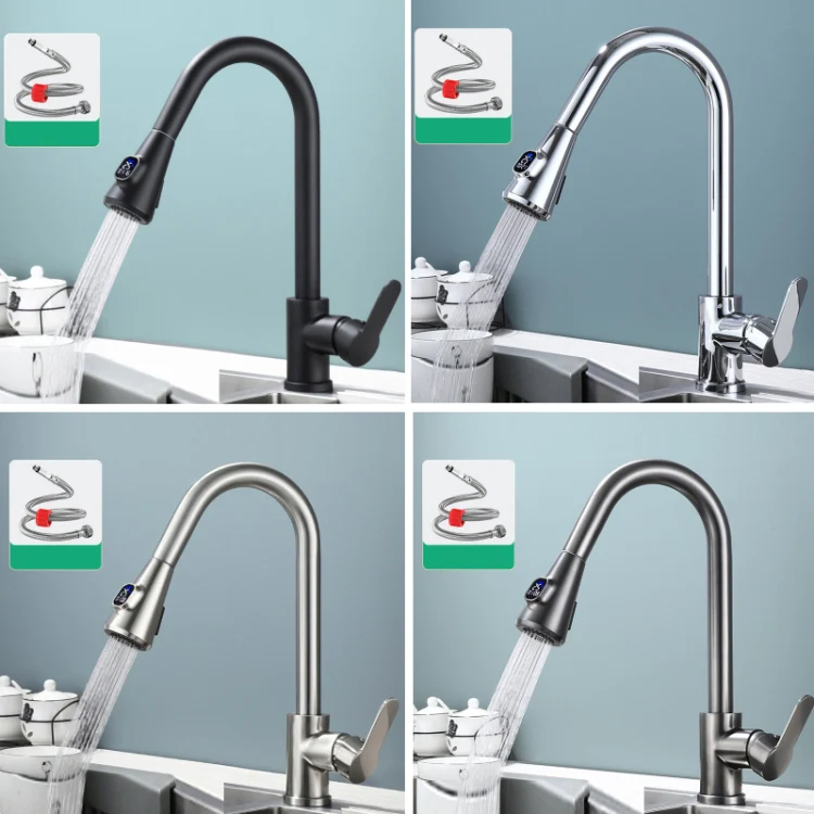 Kitchen Pull-out Universal Telescopic Hot & Cold Water Faucet, Specification: Copper Digital Display Black - Image 2