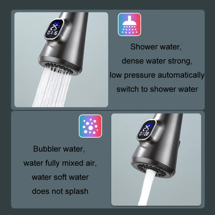 Kitchen Pull-out Universal Telescopic Hot & Cold Water Faucet, Specification: Copper Digital Display Black - Image 8