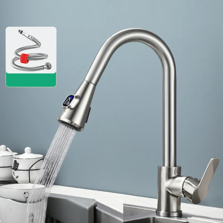 Kitchen Pull-out Universal Telescopic Hot & Cold Water Faucet, Specification: Copper Digital Display Brushed Nickel