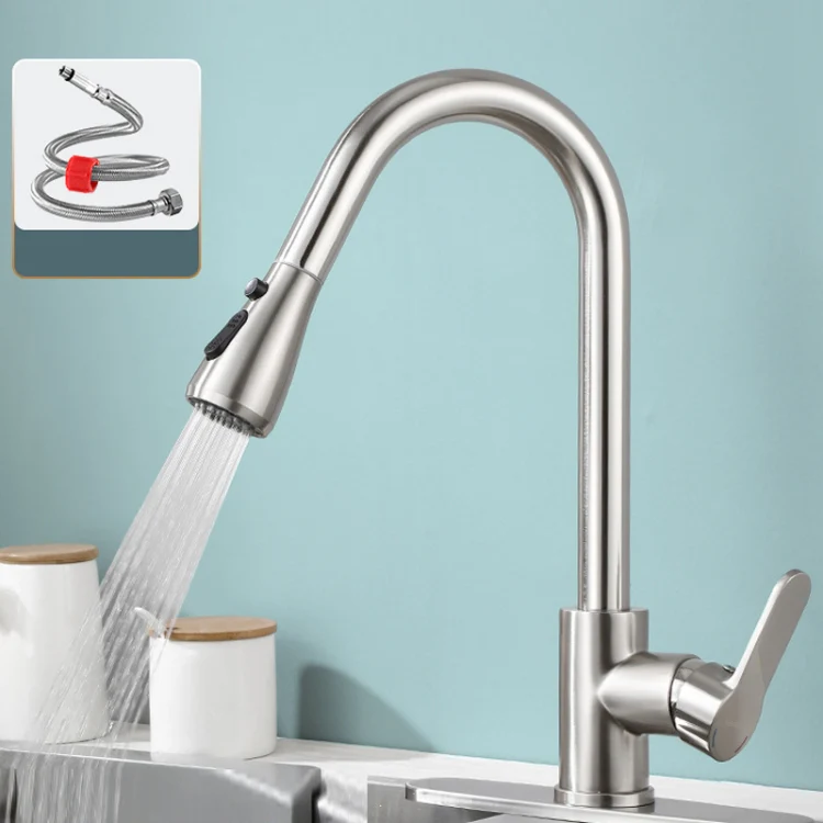 Kitchen Pull-out Universal Telescopic Hot & Cold Water Faucet, Specification: Copper Nickel Wire Drawing