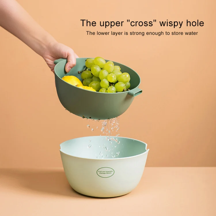 Kitchen Rice Pan Double-dish Vegetable Drain Basket Plastic Fruit Basket, Color:O Shape Light Green - Image 9