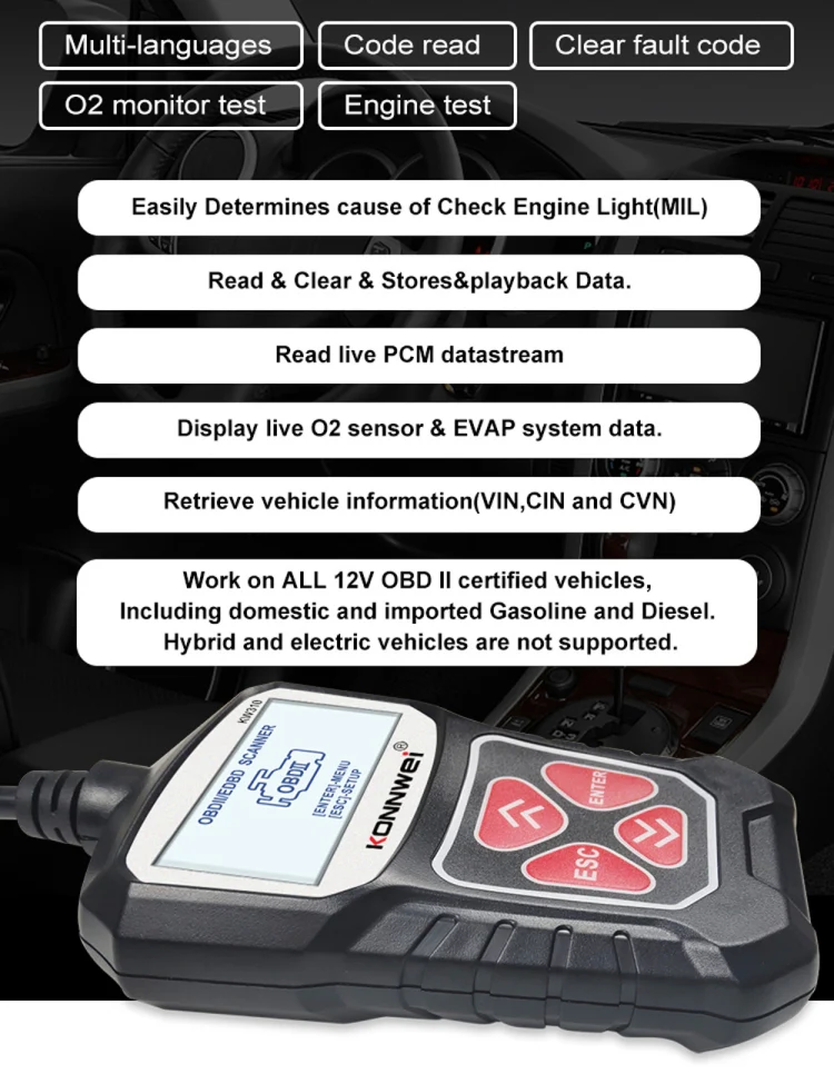 KONNWEI KW310 OBD Car Fault Detector Code Reader ELM327 OBD2 Scanner Diagnostic Tool(Black) - Image 10