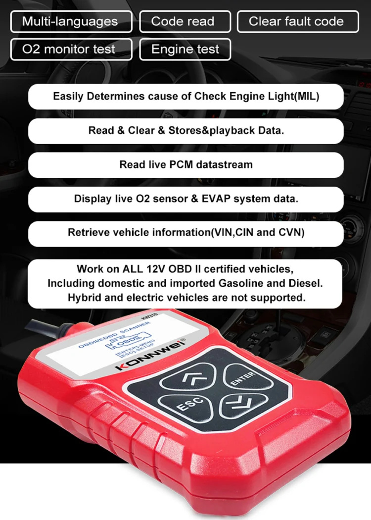 KONNWEI KW310 OBD Car Fault Detector Code Reader ELM327 OBD2 Scanner Diagnostic Tool(Red) - Image 10