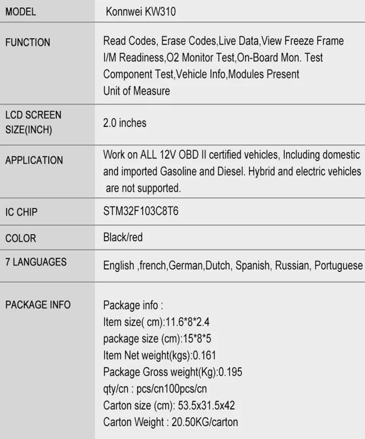 KONNWEI KW310 OBD Car Fault Detector Code Reader ELM327 OBD2 Scanner Diagnostic Tool(Red) - Image 17