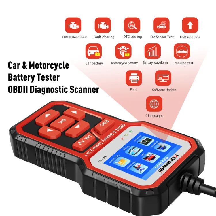 KONNWEI KW681 Car 2.4 inch TFT Screen OBD Fault Diagnosis + 6V-12V Battery Tester Support 9 Languages - Image 4