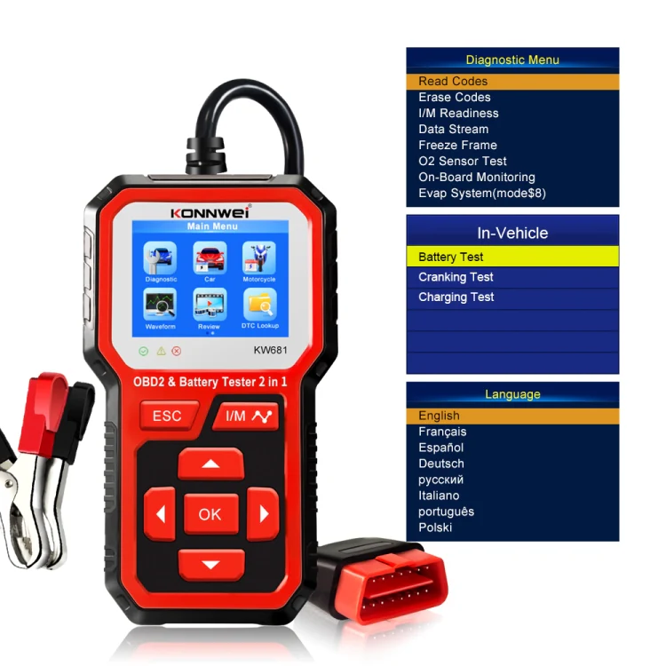 KONNWEI KW681 Car 2.4 inch TFT Screen OBD Fault Diagnosis + 6V-12V Battery Tester Support 9 Languages - Image 5