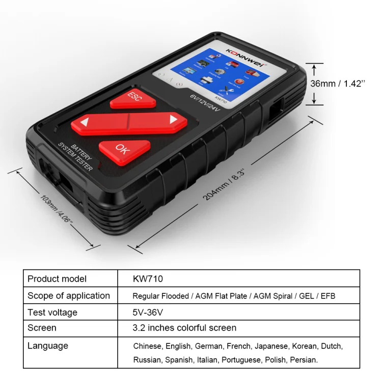 KONNWEI KW710 Car 3.2 inch 6V-24V Lead-acid Battery Tester Support 13 Languages - Image 2