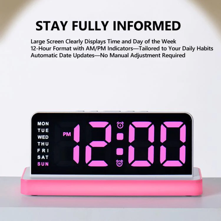 Large Display LED Digital Alarm Clock Mirror Desktop Clock with Atmosphere Night Light, Adjustable Brightness(White) - Image 3