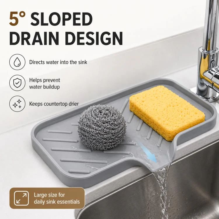 Large Silicone Sponge Holder for Kitchen Bathroom Sink 5-Degree Slanted Sink Tray with Drain Spout(Gray) - Image 3
