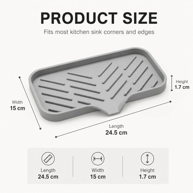 Large Silicone Sponge Holder for Kitchen Bathroom Sink 5-Degree Slanted Sink Tray with Drain Spout(Gray) - Image 7