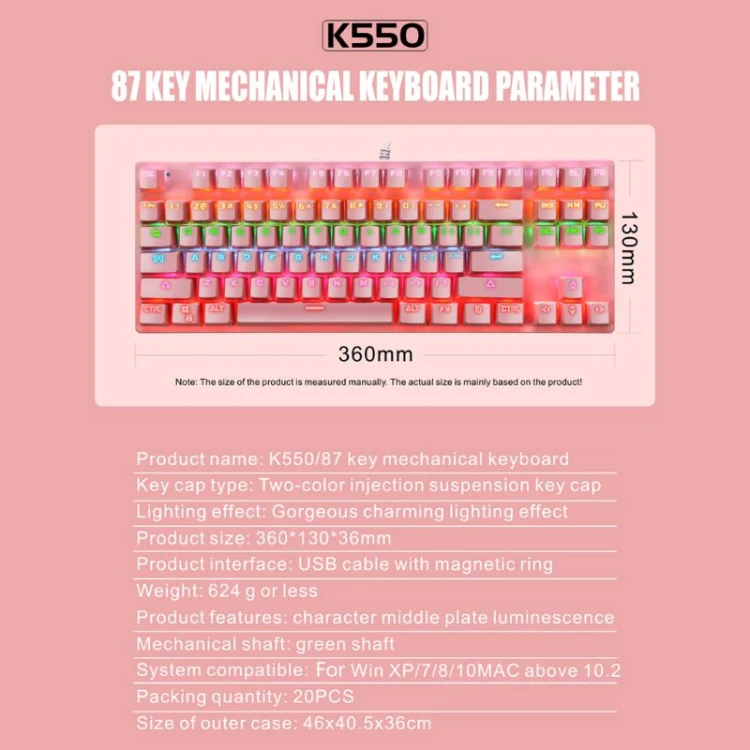 LEAVEN K550 87 Keys Green Shaft Gaming Athletic Office Notebook Punk Mechanical Keyboard, Cable Length: 1.8m(Blue) - Image 9