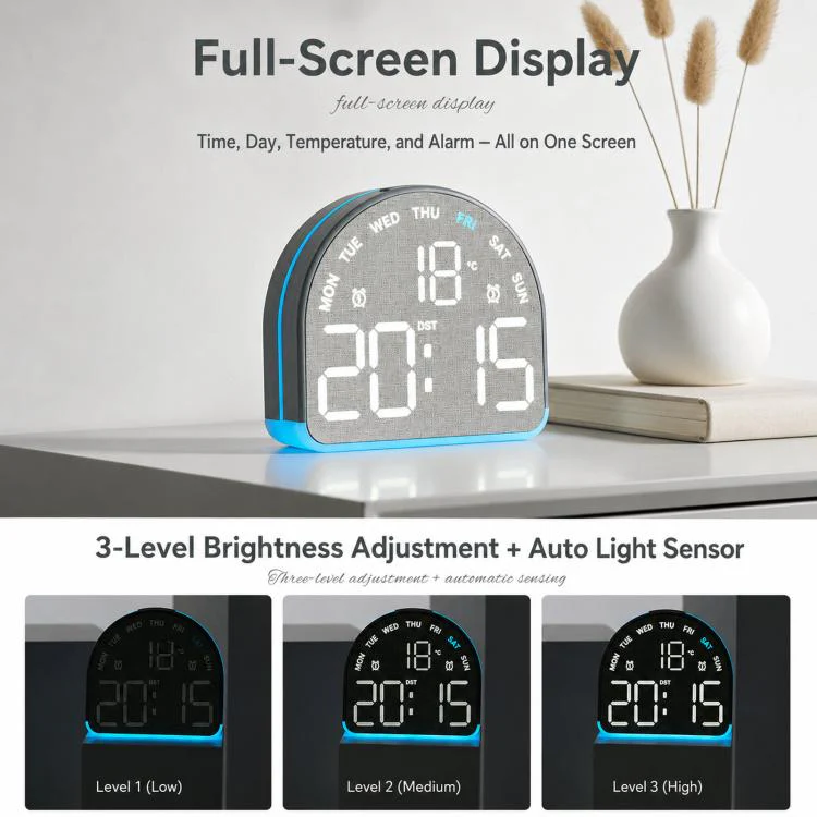 LED Digital Alarm Clock with Bottom Ambient Light Desk Clock with Temperature DST Dual Alarm(5533A Wood Grain) - Image 4