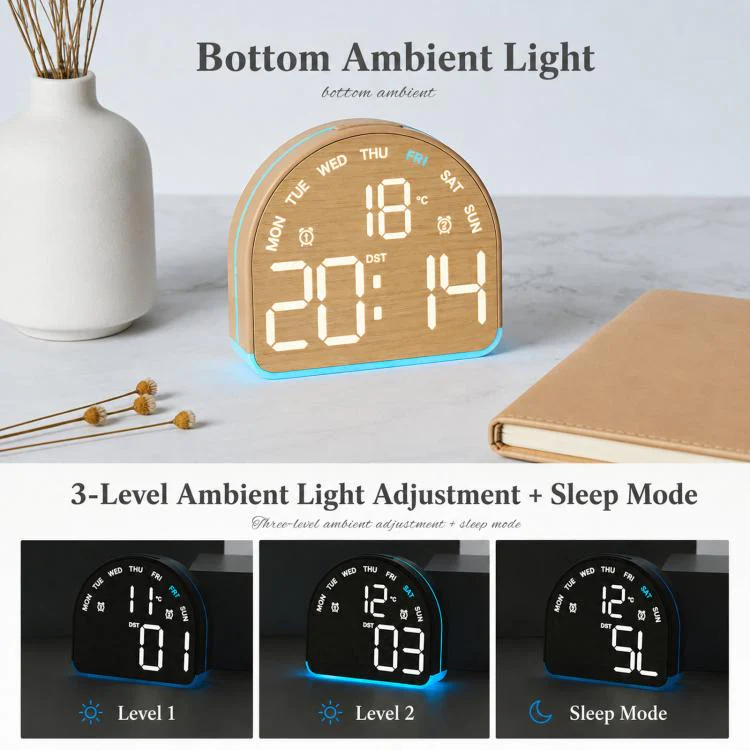 LED Digital Alarm Clock with Bottom Ambient Light Desk Clock with Temperature DST Dual Alarm(5533B Fabric Texture) - Image 3