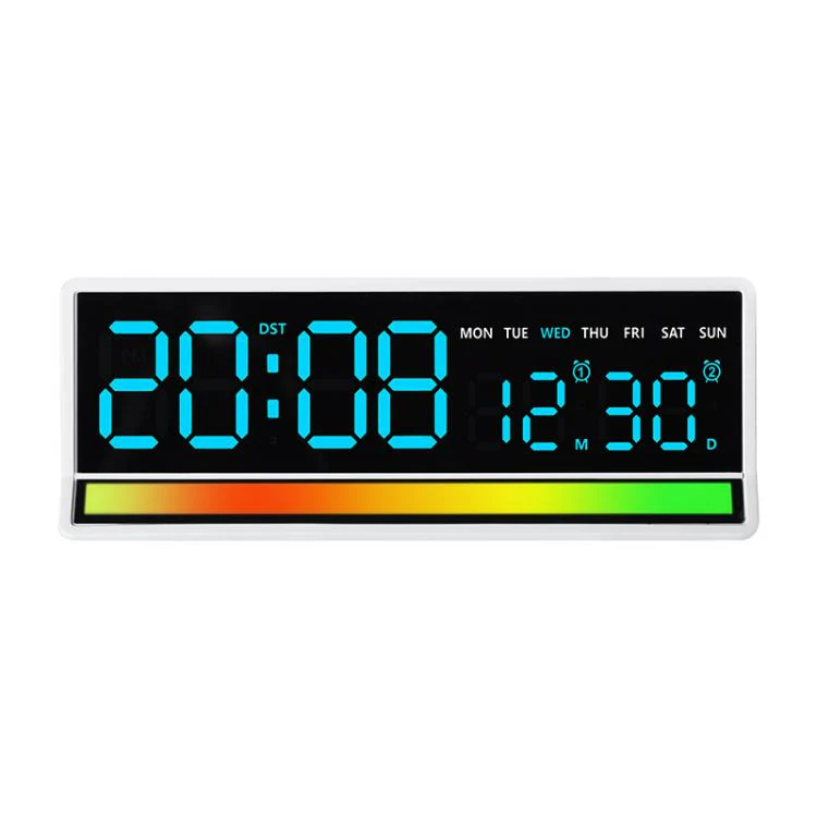 LED Digital Alarm Clock with Sound-Activated RGB Light Large Display with Date/Day/Temperature Support USB Output(6675 White+Blue)