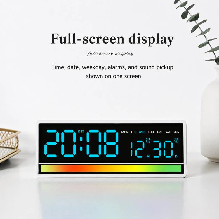 LED Digital Alarm Clock with Sound-Activated RGB Light Large Display with Date/Day/Temperature Support USB Output(6675 White+White) - Image 3