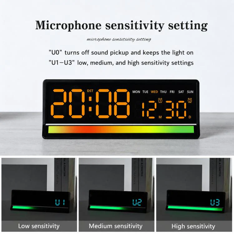 LED Digital Alarm Clock with Sound-Activated RGB Light Large Display with Date/Day/Temperature Support USB Output(6675 White+White) - Image 6
