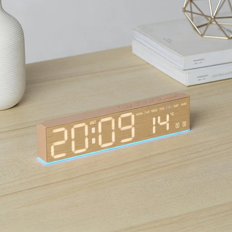 LED Digital Alarm Clock With Temperature Display DST Dual Alarm 6686A Wood Grain